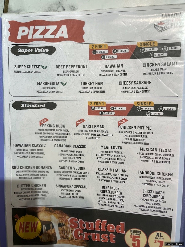 Canadian Pizza at King Albert Park Mall - Menu
