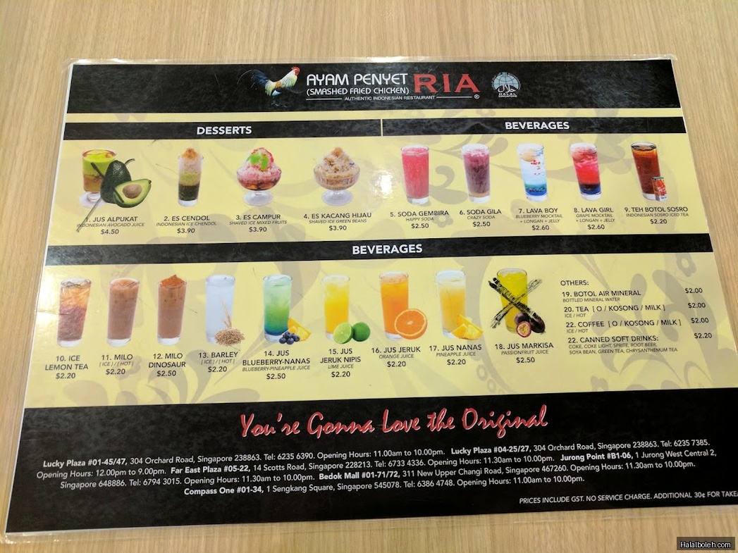 Ayam Penyet Ria at JTC Space @ Tampines North - Menu
