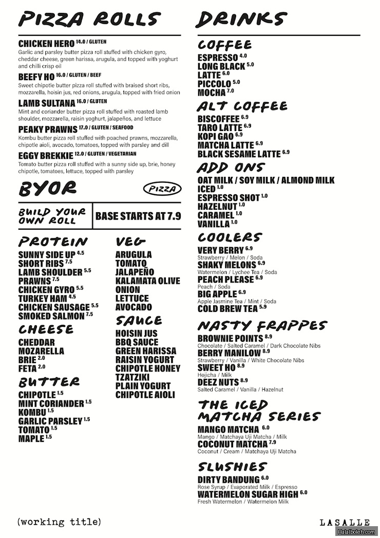 Working Title Cafe - menu