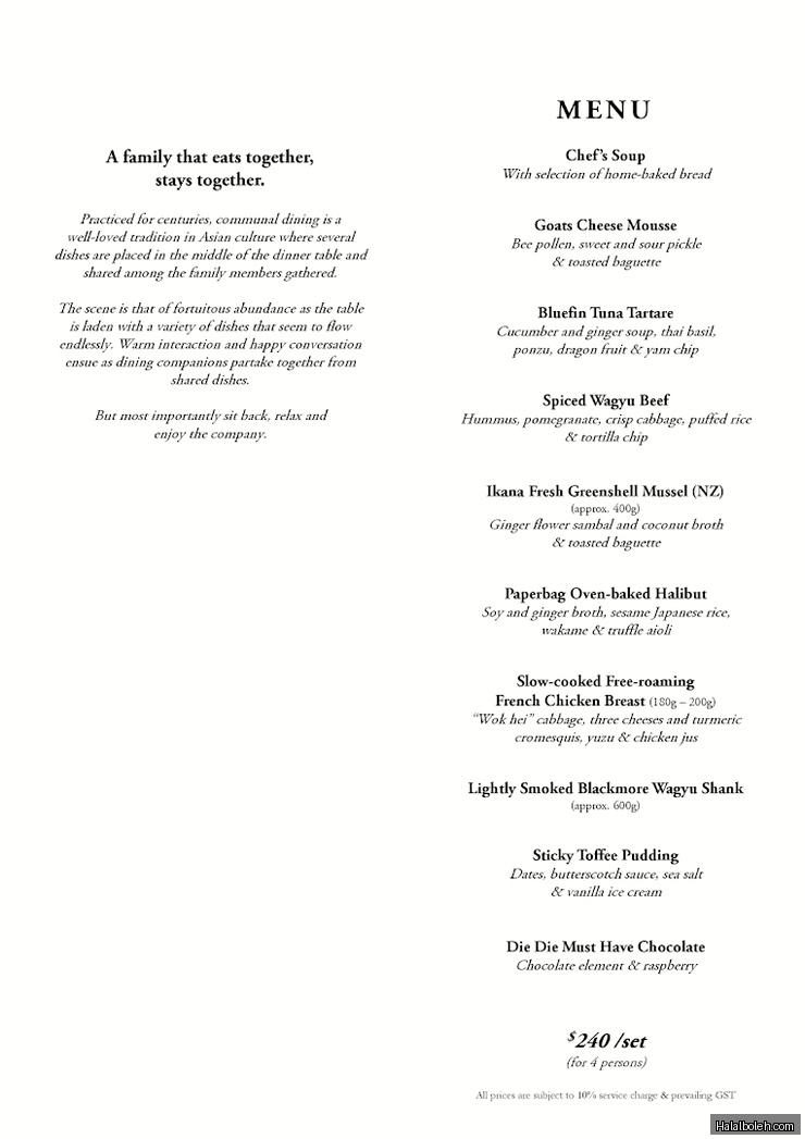 Halia Restaurant - menu