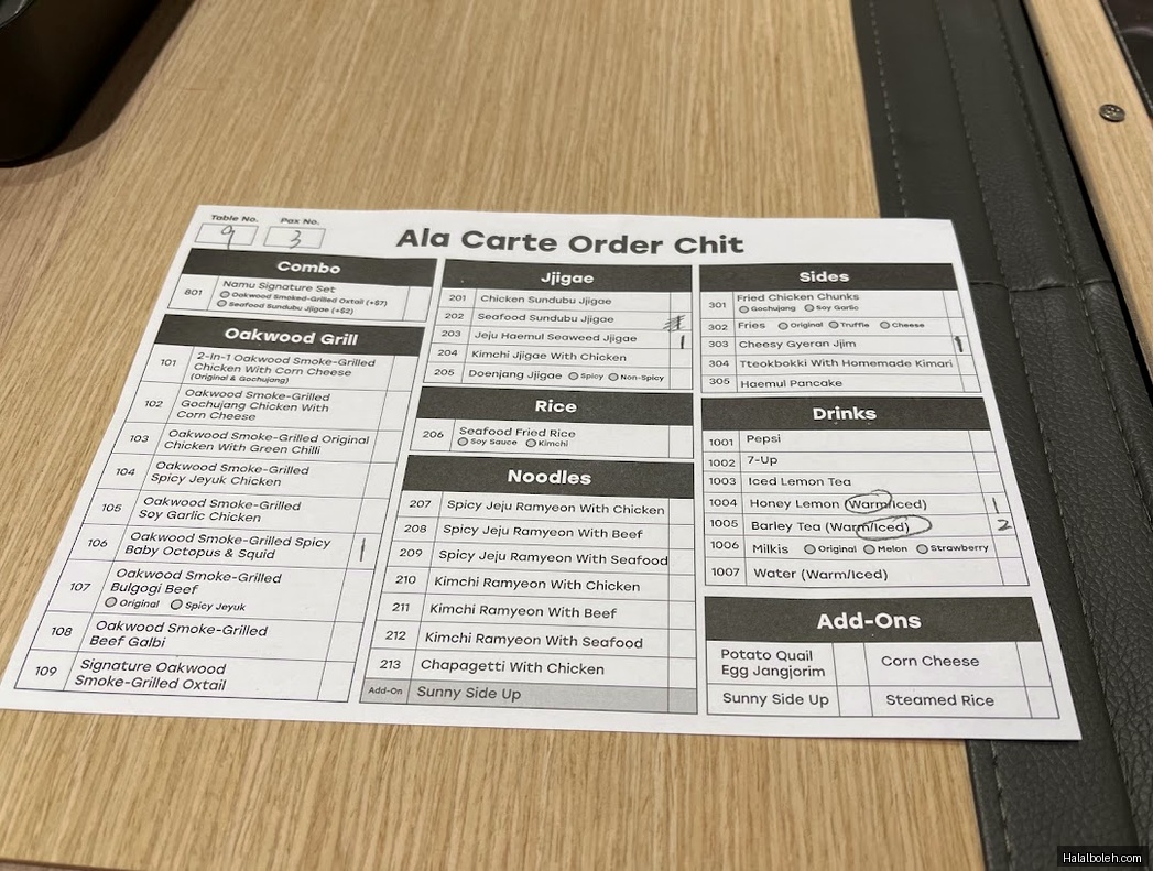 Namu Bulgogi - menu