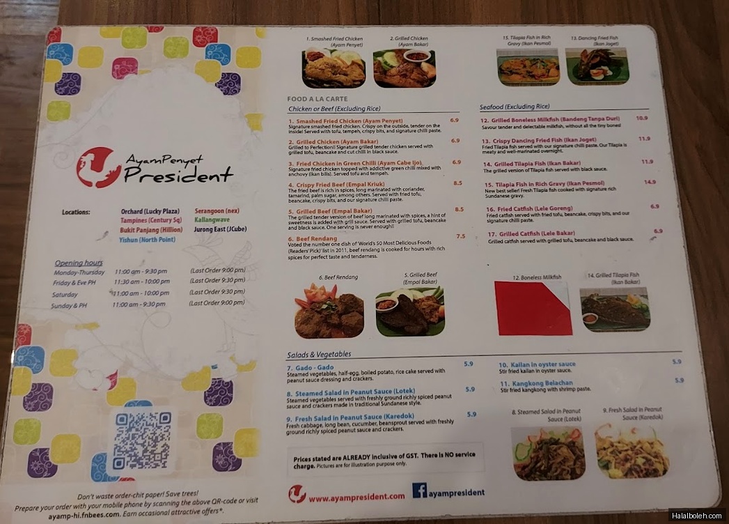 Ayam Penyet President - menu