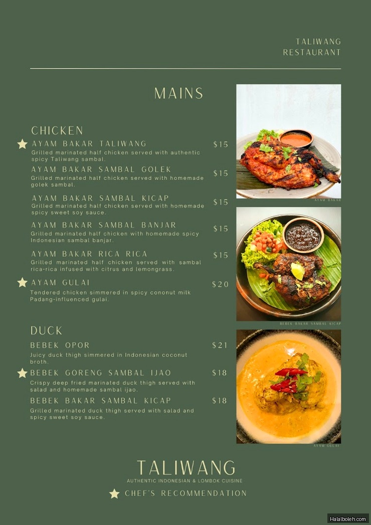 Taliwang Restaurant - menu