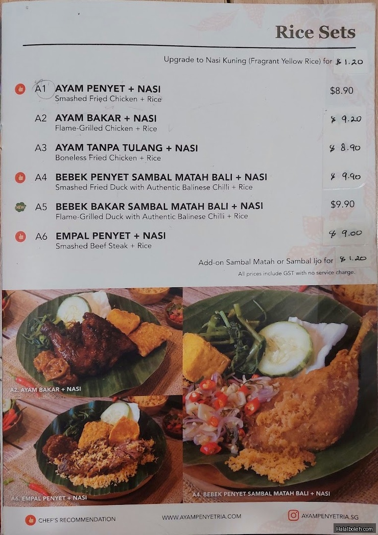 Ayam Penyet Ria - menu