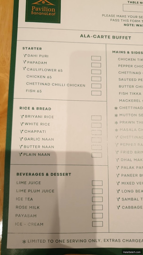 Pavilion Banana Leaf - menu