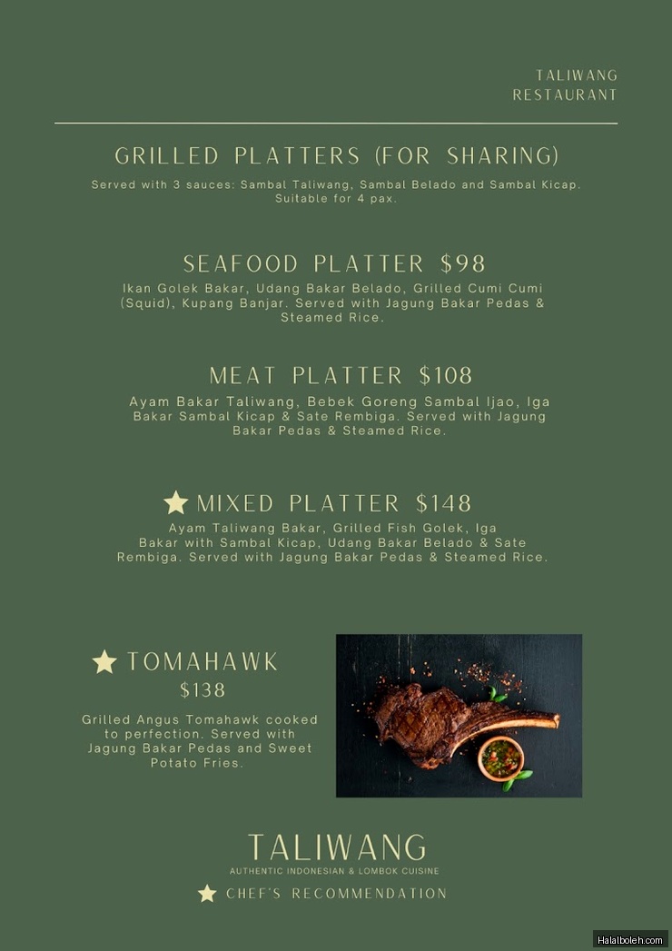 Taliwang Restaurant - menu
