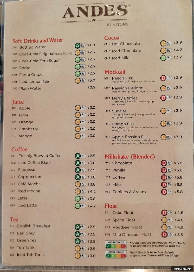 Andes by Astons - menu