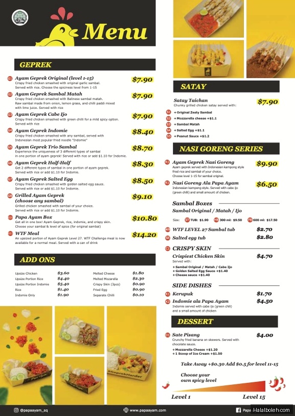 Papa Ayam - menu