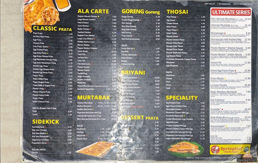 Springleaf Prata Place - menu