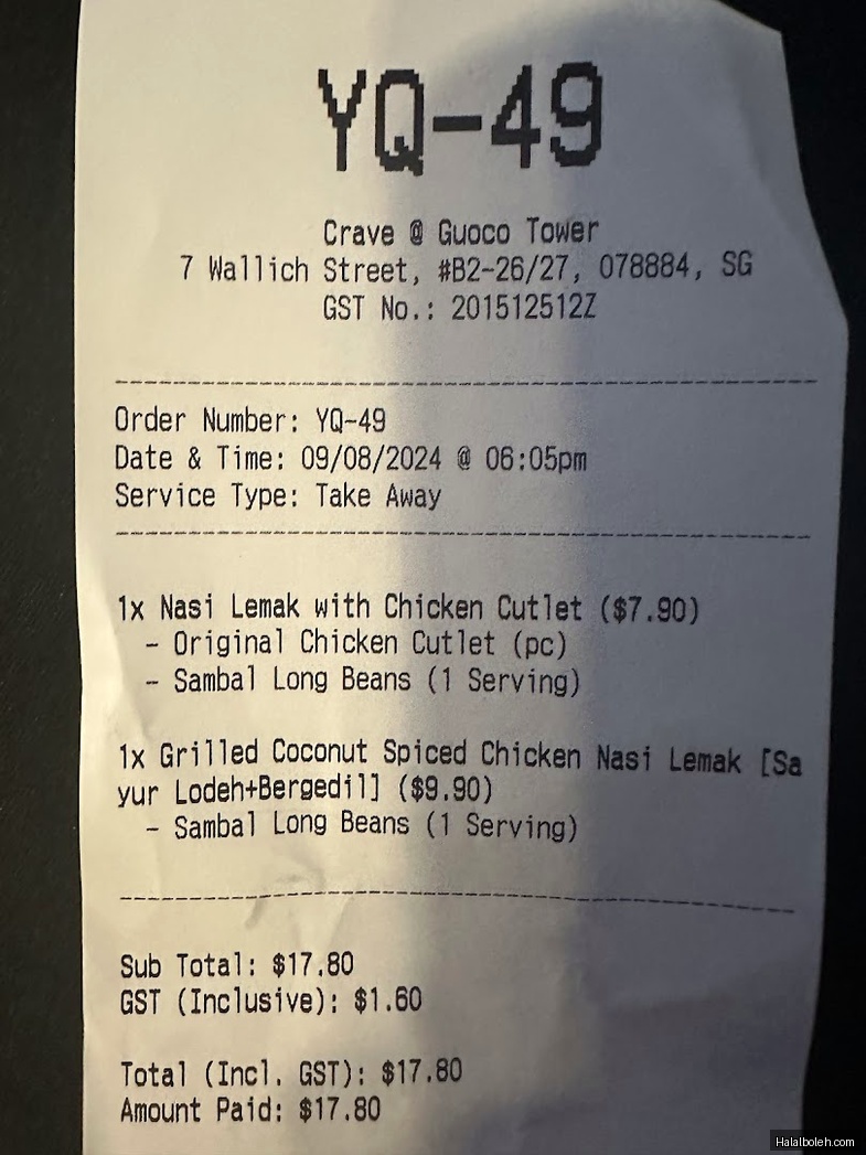 Crave Nasi Lemak - menu