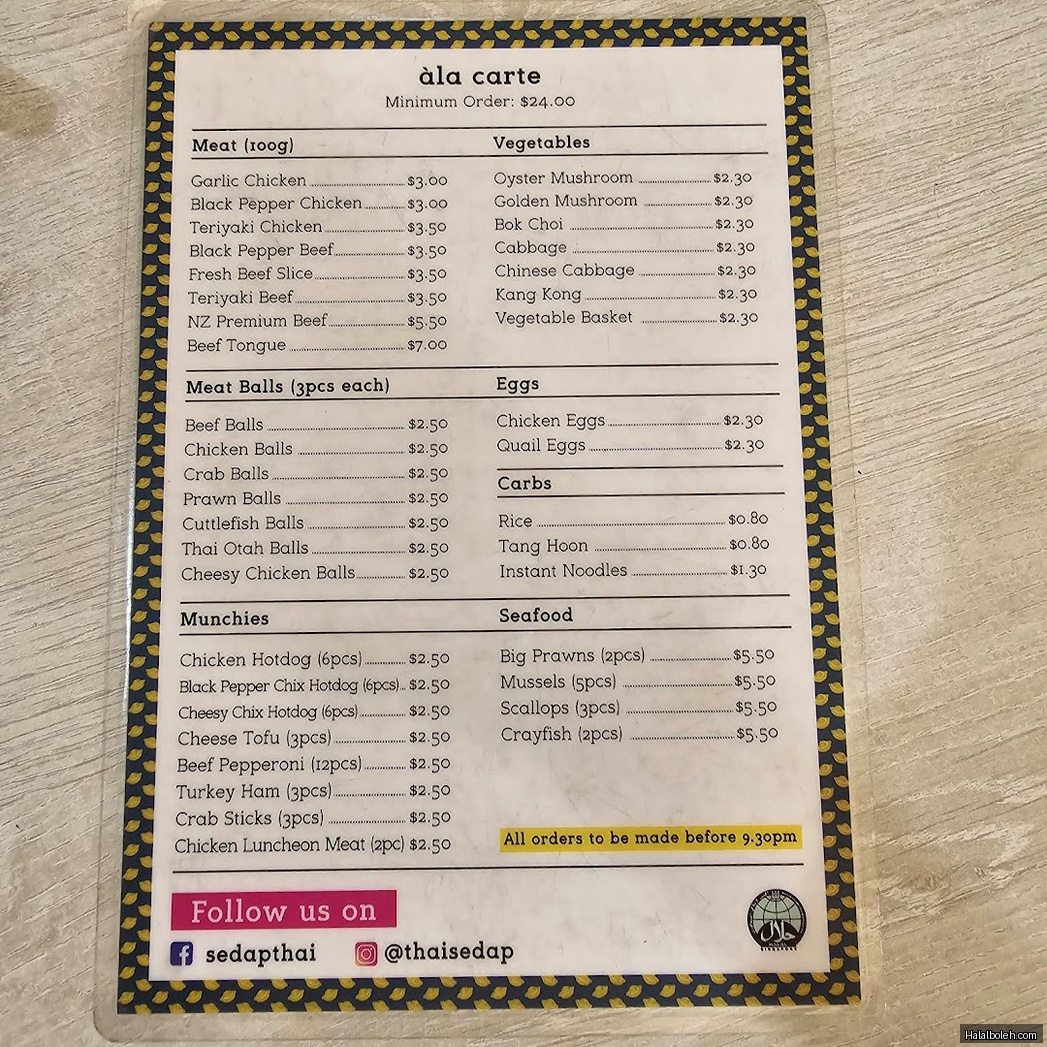 Sedap Thai - menu