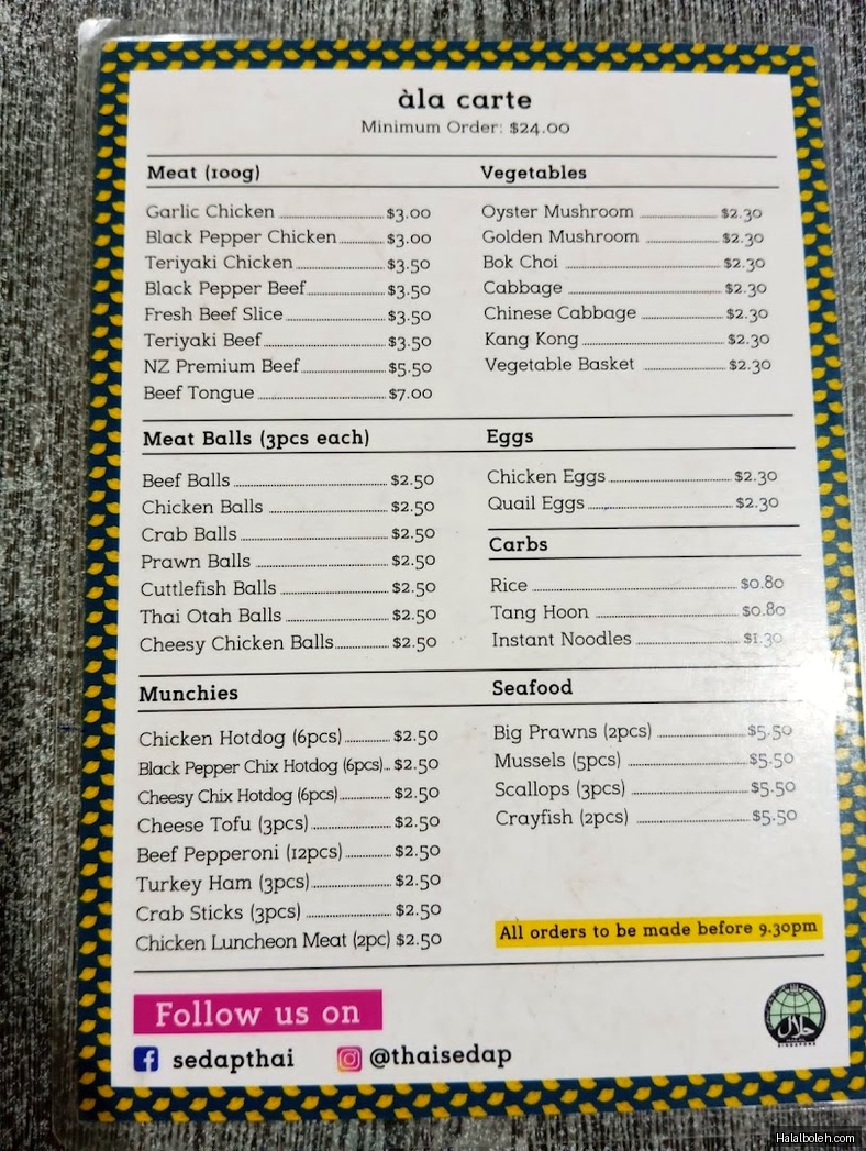 Sedap Thai - menu