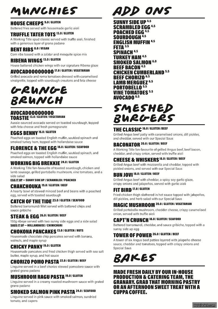 Working Title Cafe - menu