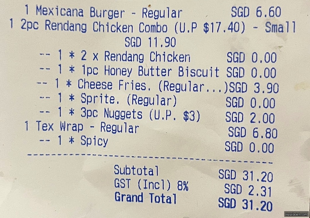 Texas Chicken - menu